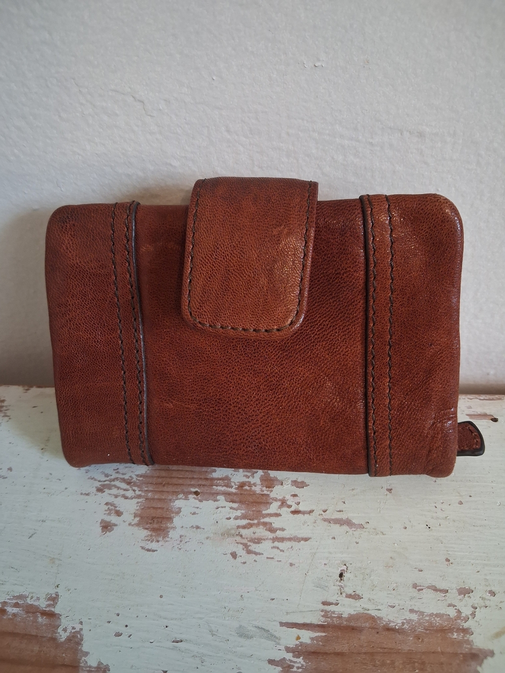 Fossil Cognac Leather Fold Wallet with Brass Plaque Vintage - Picture 3 of 4